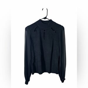 INC International Concepts Black Mock Neck Long Sleeve Top with Keyhole Accents